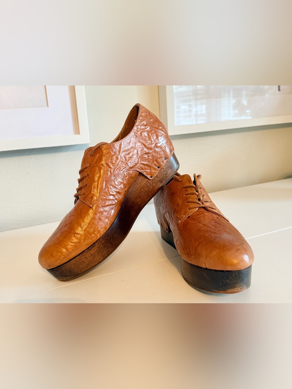 🤎✨ Kelsi Dagger Brooklyn Tan Leather Wooden Platform Oxford Shoes • Size 10